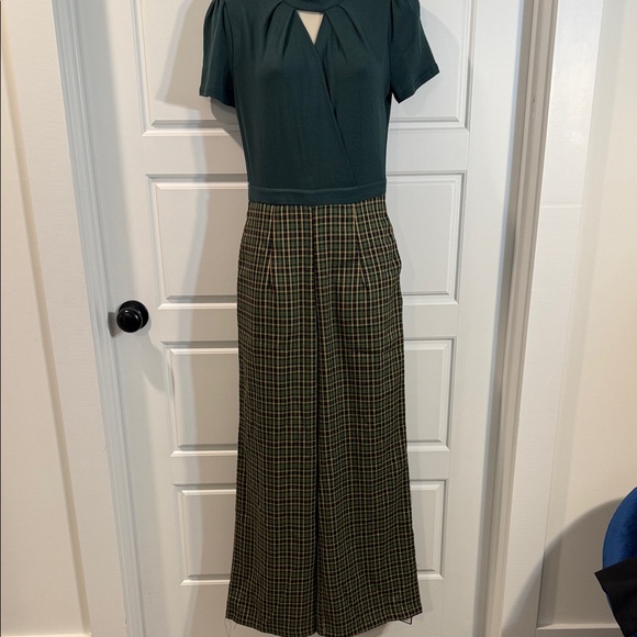 Retrostage GREEN 1930S PLAID KEYHOLE NECK BELTED JUMPSUIT small NWT - Picture 4 of 13